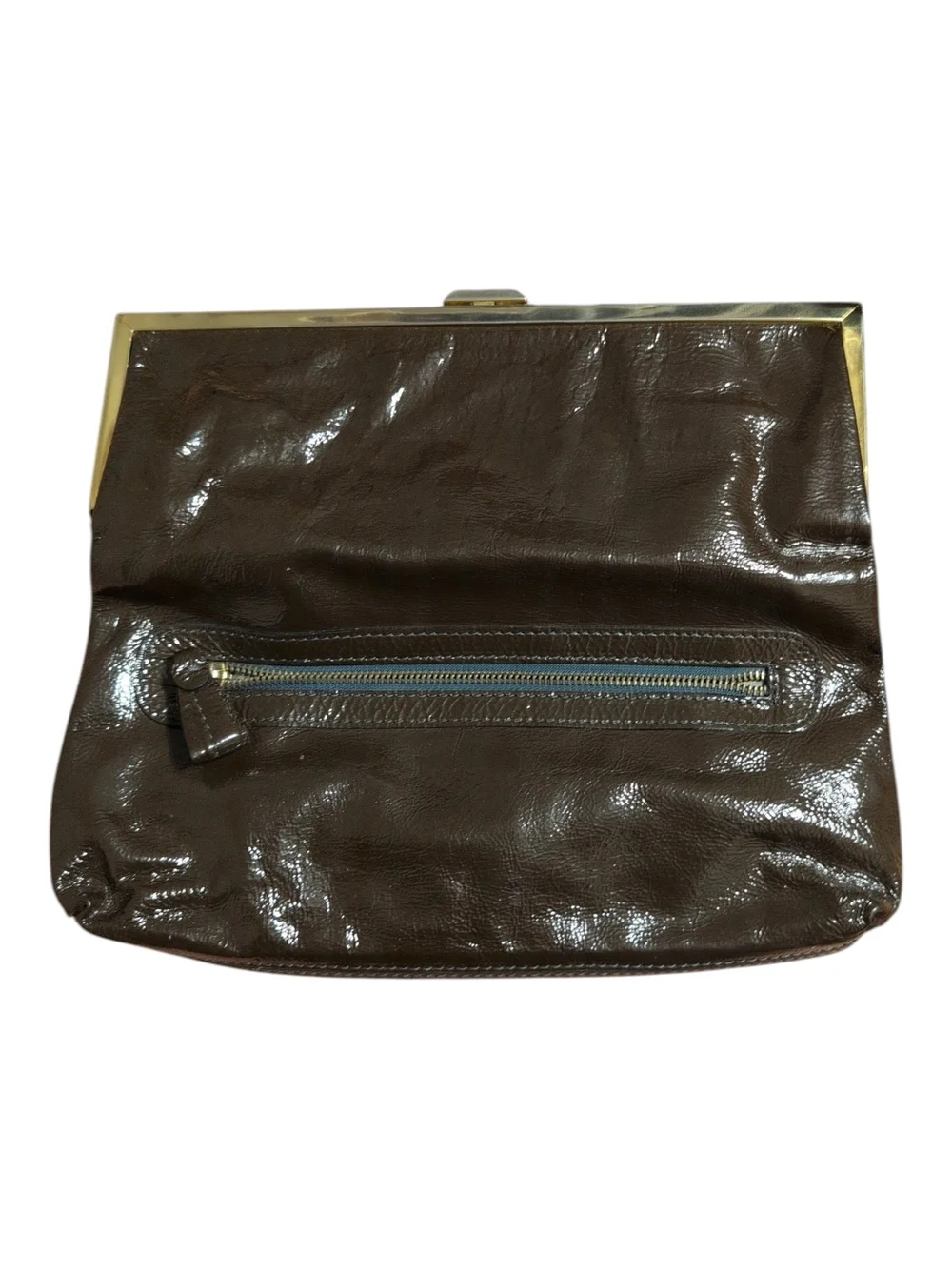 Vintage Goldenbleu Patent Fold-Over Clutch in Deep Brown with Gold Trim